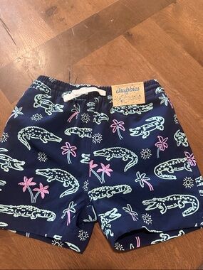 chubbies Kids Swim Trunks Navy with Mint & Pink Alligator Print